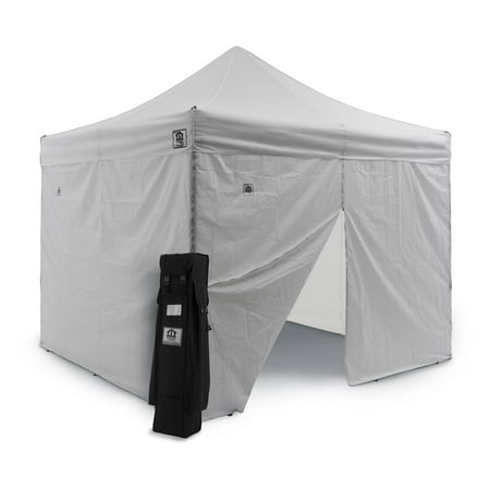 Aluminum Track Frame Impact Canopy 10x10 Instant Pop Up Canopy Tent, Aluminum Frame, Sidewalls, 4 Weight Bags, Roller Bag, White ()