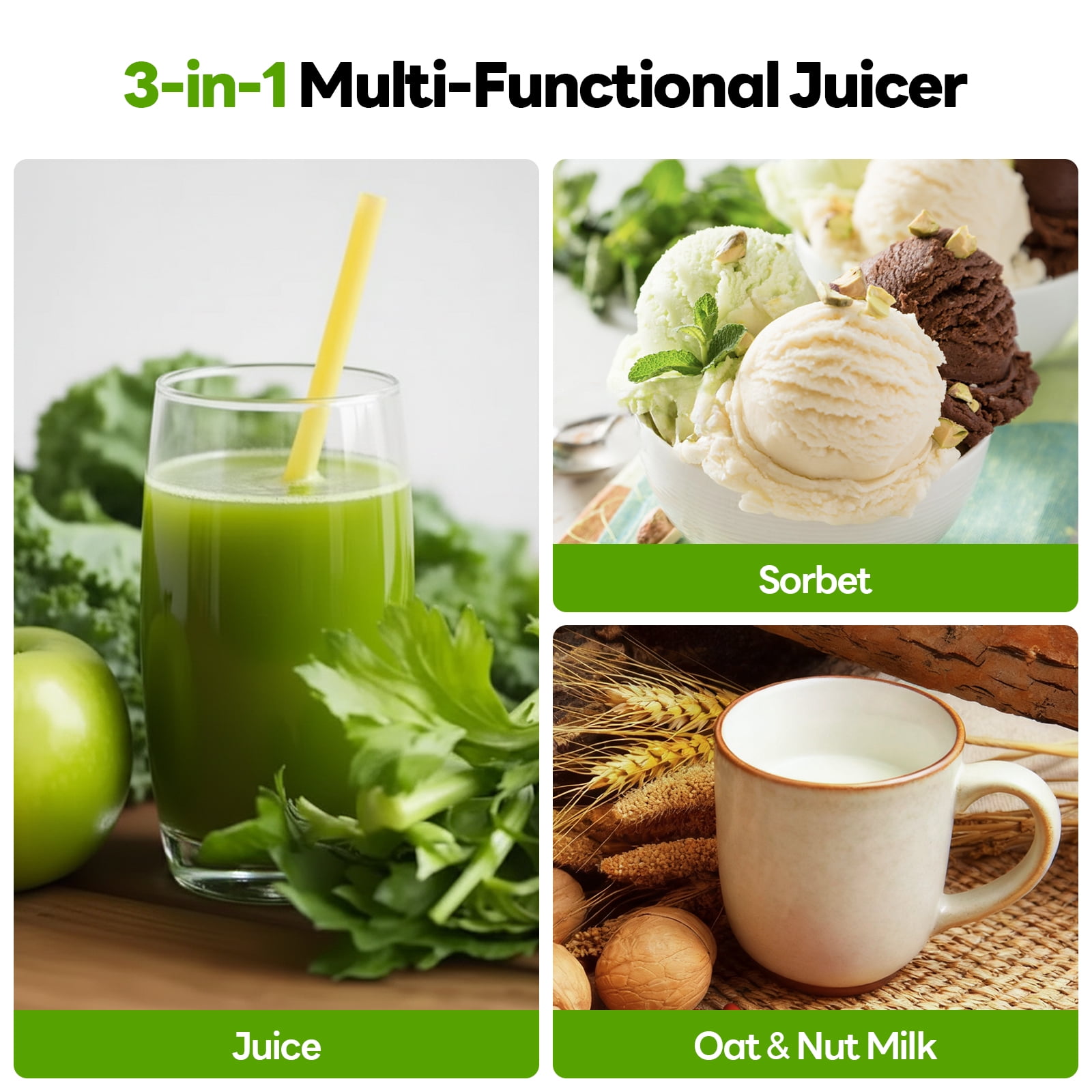 Aeitto Cold Press Juicer, Juicer Machines with 5.9" Extra Wide Feed Chute, 3-IN-1 Strainers (Juice & Sorbet & Nut Milk), Slow Masticating Juicer Easy to Clean, High Juice Yield