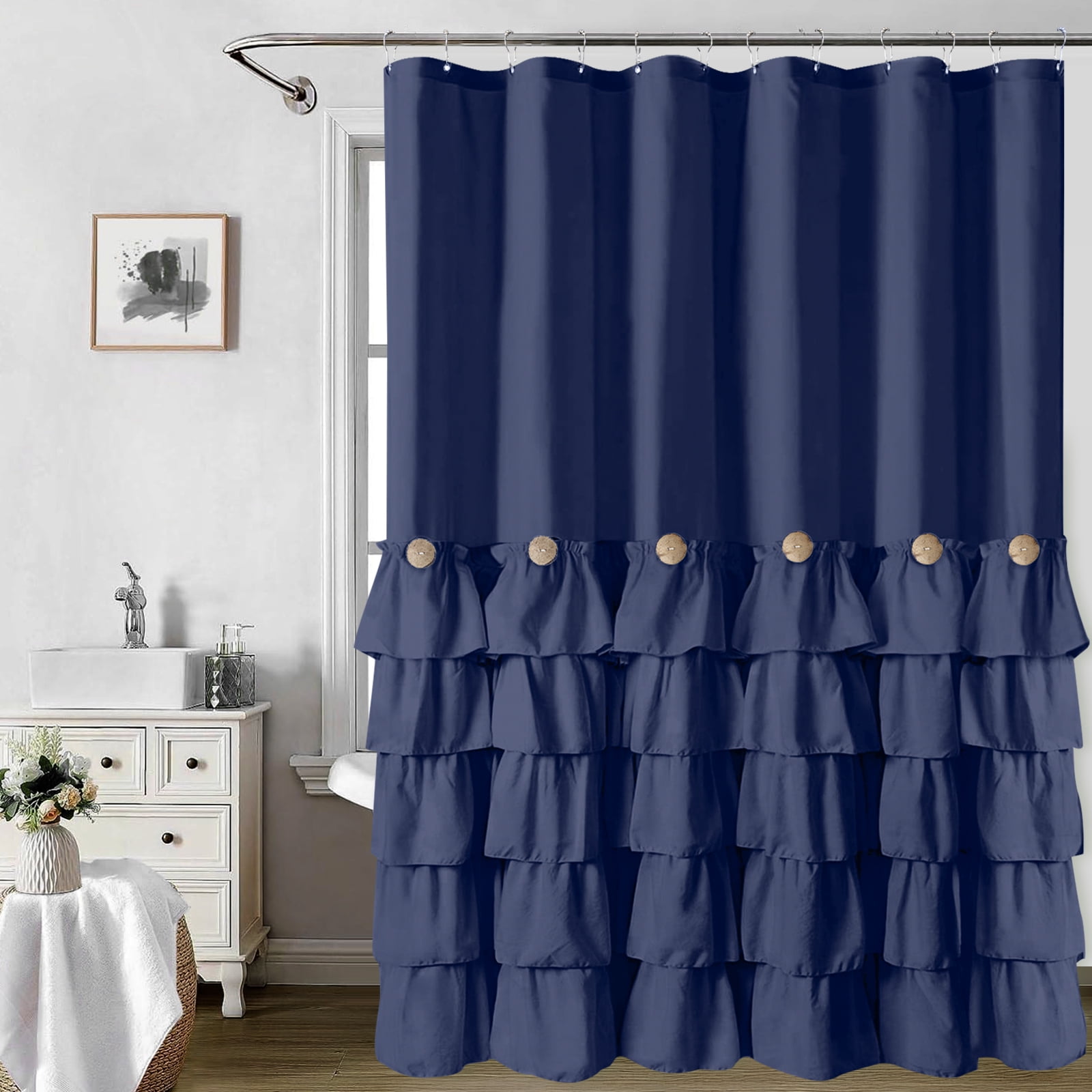 Seasonwood Blue Farmhouse Shower Curtains,Fabric Cute Ruffle Shower Curtain with Buttons & Ruffles for Bathroom Decor,12pcs Hooks,72"x72"