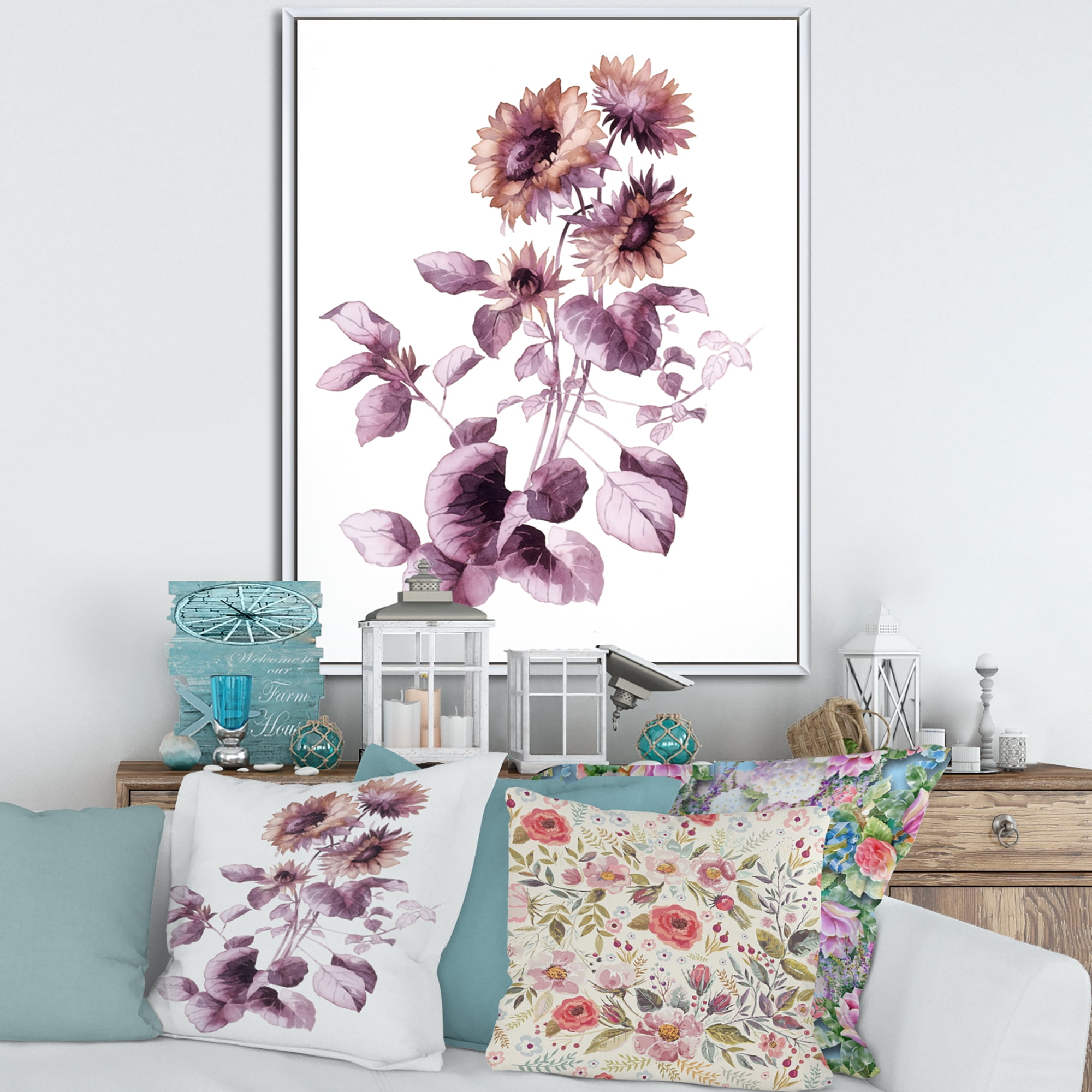 Designart 'Purple Wildflowers On White III' Traditional Framed Canvas Wall Art Print