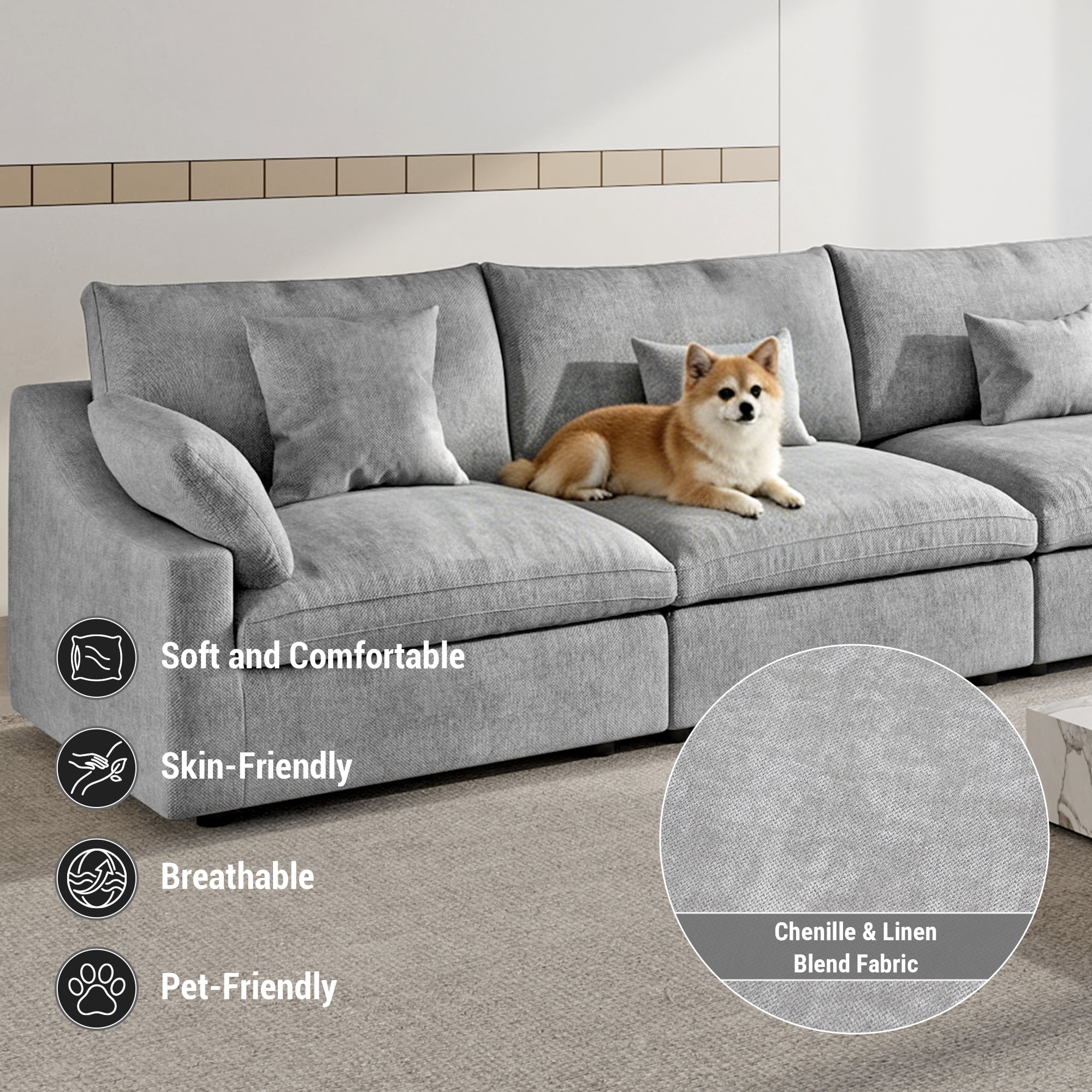 83" Cloud Couch Sectional for Living Room, L Shaped Sofas with Ottoman, Convertible Couch, Gray