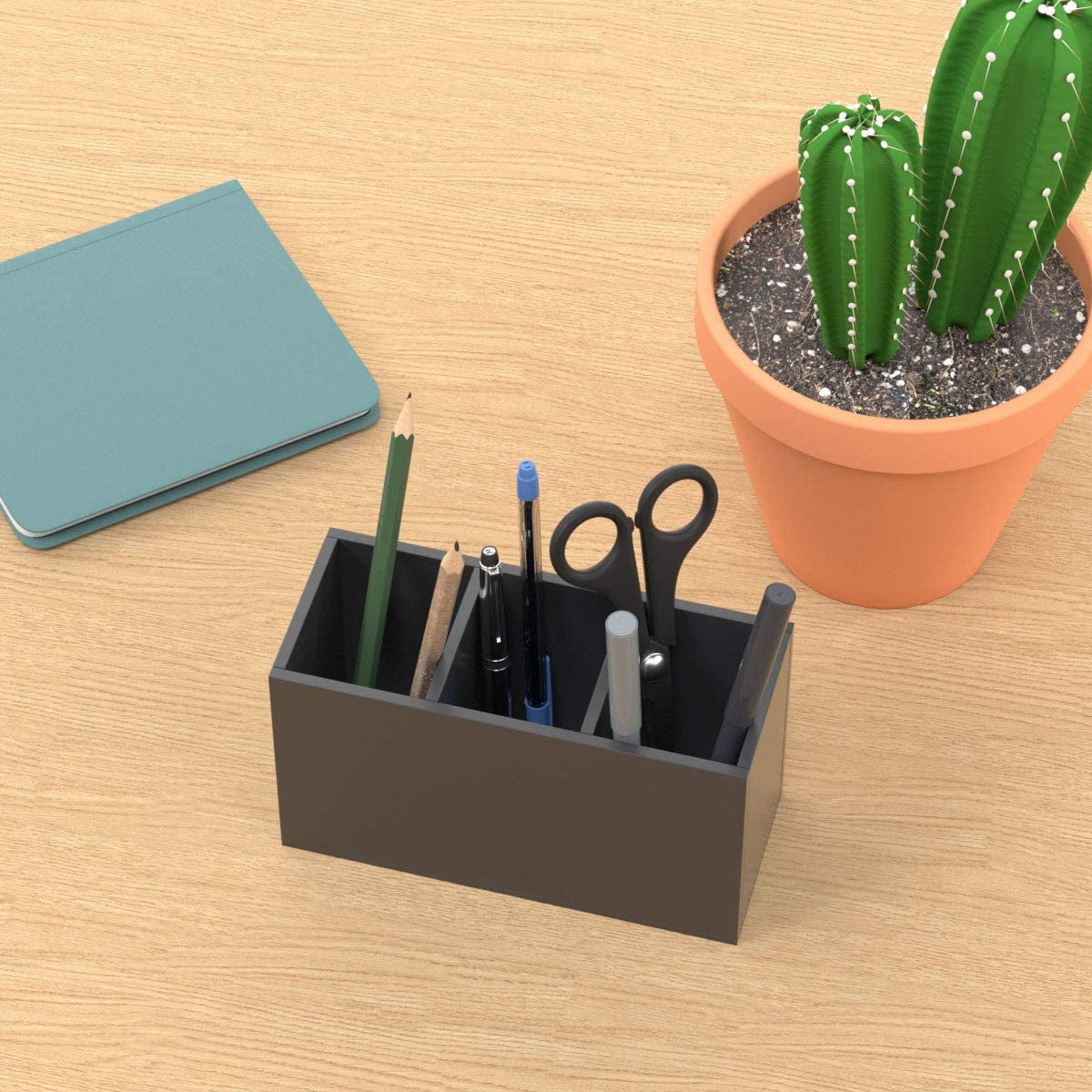 Acrylic Pen Holder 3 Compartments, Black Pencil Organizer Cup for Countertop Desk Accessory Storage