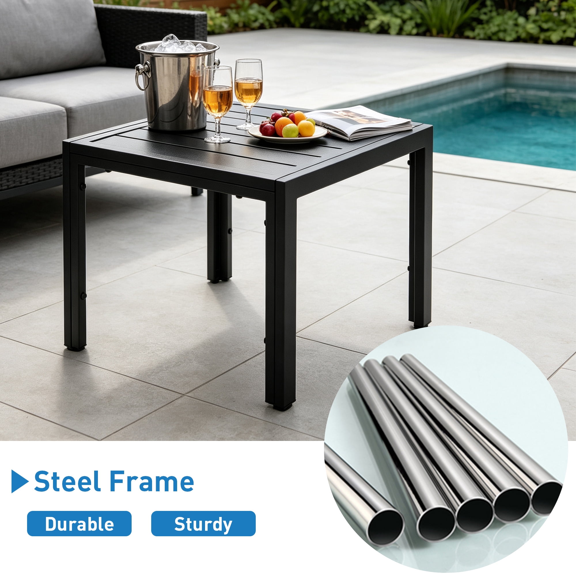 Abble 20 Inch Square Outdoor Side Table, Black Metal Patio End Table with Slatted Tabletop, Weather Resistant Steel Frame Outdoor Side Table for Garden, Porch, Deck, Backyard