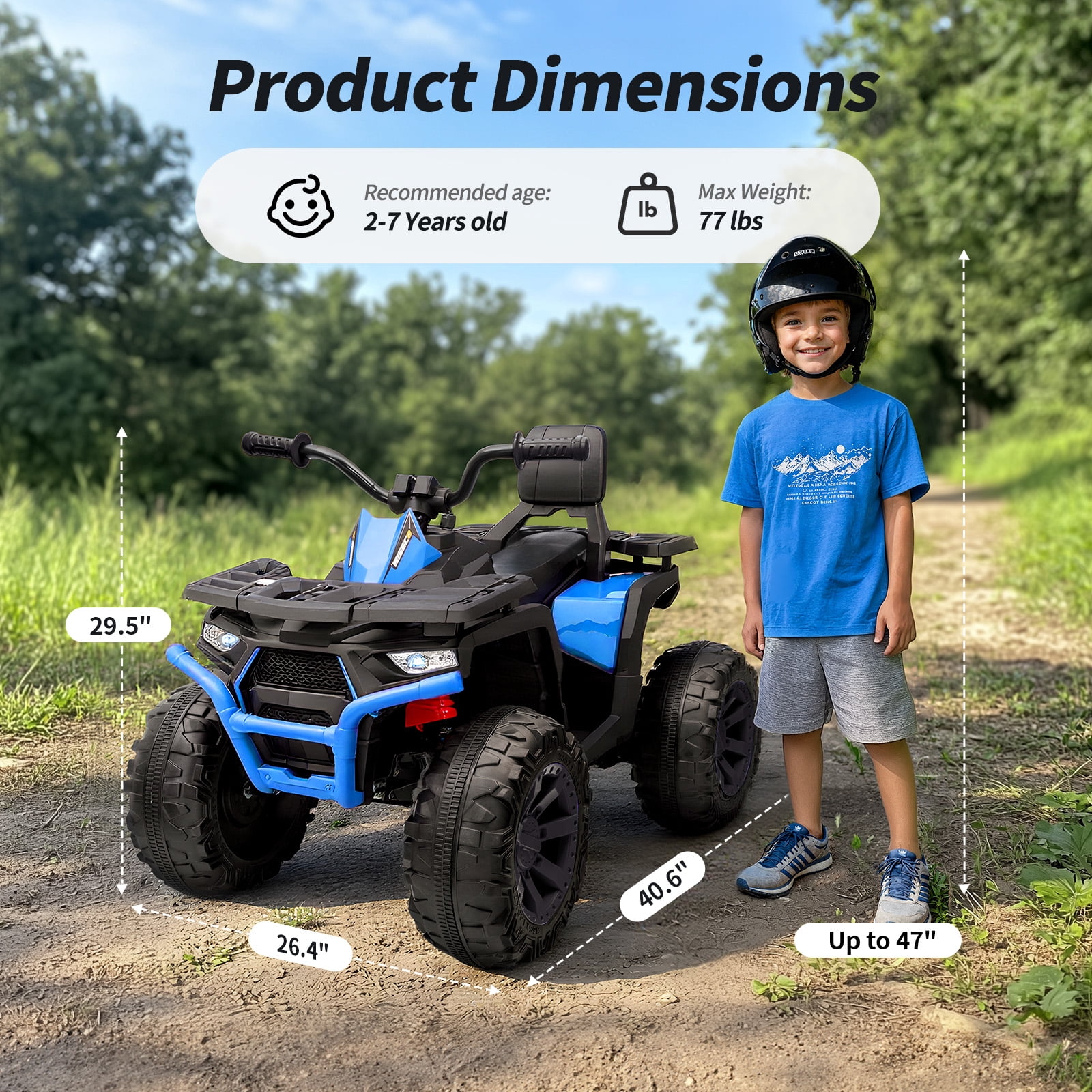 Hikiddo 24V Kids ATV 4 Wheeler, 2-Seater Powered Ride on ATV Toy for Big Kids w/ Bluetooth, 400W Motor - Blue