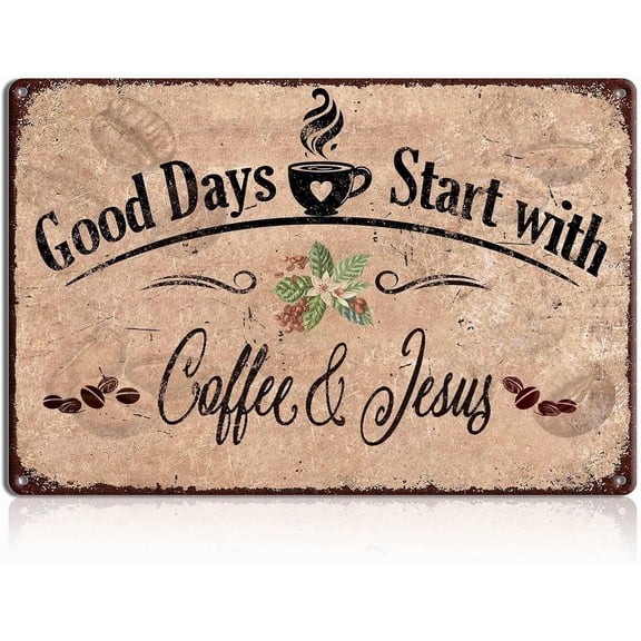 Jesus and Coffee Bar Tin Sign Wall Decor for Kitchen, Farmhouse, or Beverage Station – Rustic Metal Hanging Sign for Bar Accessories and Decorations, 8x12 Inch Wall Art