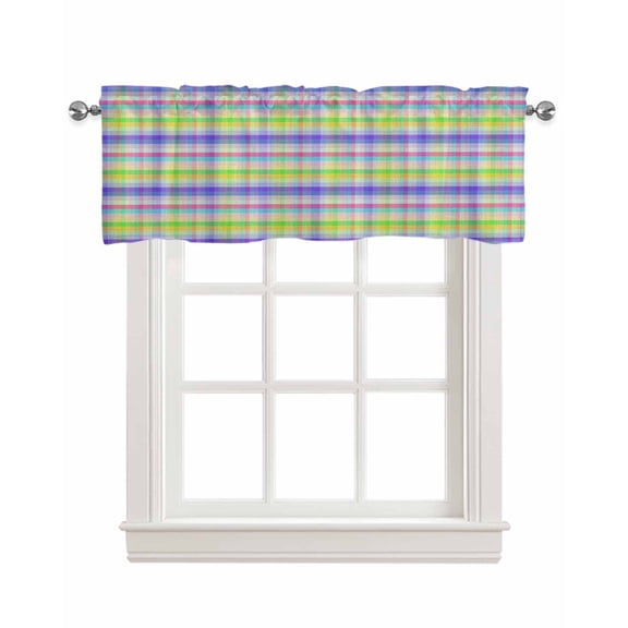Slate Blue Plaid Kitchen Valances for Windows Farmhouse Linen Window Valance Curtain for Living Room Window Treatment Colorful Vintage Check Farmhouse Valance Rod Pocket Topper Drape, 42 x 12 Inch