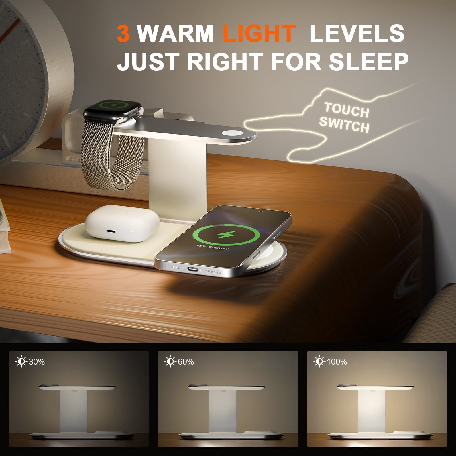 18W Fast Wireless Charging Station for iPhone 16 15 14 13 12 11 8 X SE, for Apple Watch Series, Compatible with AirPods Series, for Samsung Series, 4 in 1 Magnetic Charger with Night Light (Silver)