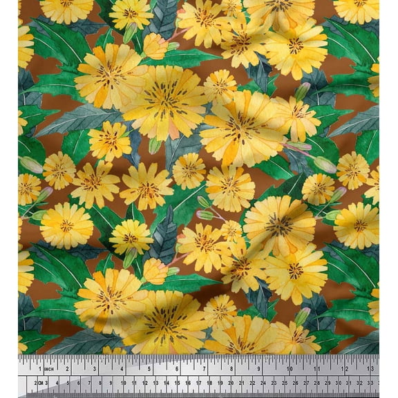 Soimoi Brown Cotton Duck Fabric Leaves & Aster Floral Print Fabric by the Yard 42 Inch Wide