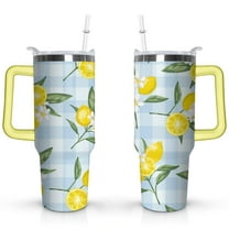 40oz Yellow Lemon Pattern Stainless Steel Flip Straw Tumbler Spill Proof Travel Cup Double Wall Vacuum Insulated Coffee Mug with Top Handle