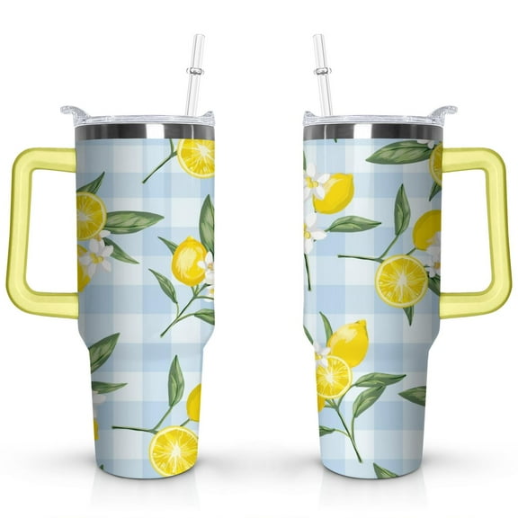 40oz Yellow Lemon Pattern Stainless Steel Flip Straw Tumbler Spill Proof Travel Cup Double Wall Vacuum Insulated Coffee Mug with Top Handle