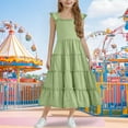 thumbnail image 2 of Mevxay Girls 2025 Summer Sundress Casual Sleeveless Smocked Aline Flowy Tiered Maxi Boho Beach Dress with Pockets 3-12 Y Green, 2 of 9