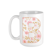 Keely's Letter B Initial Monogram Ceramic Coffee Mug, Floral Pink and White Design 11 oz