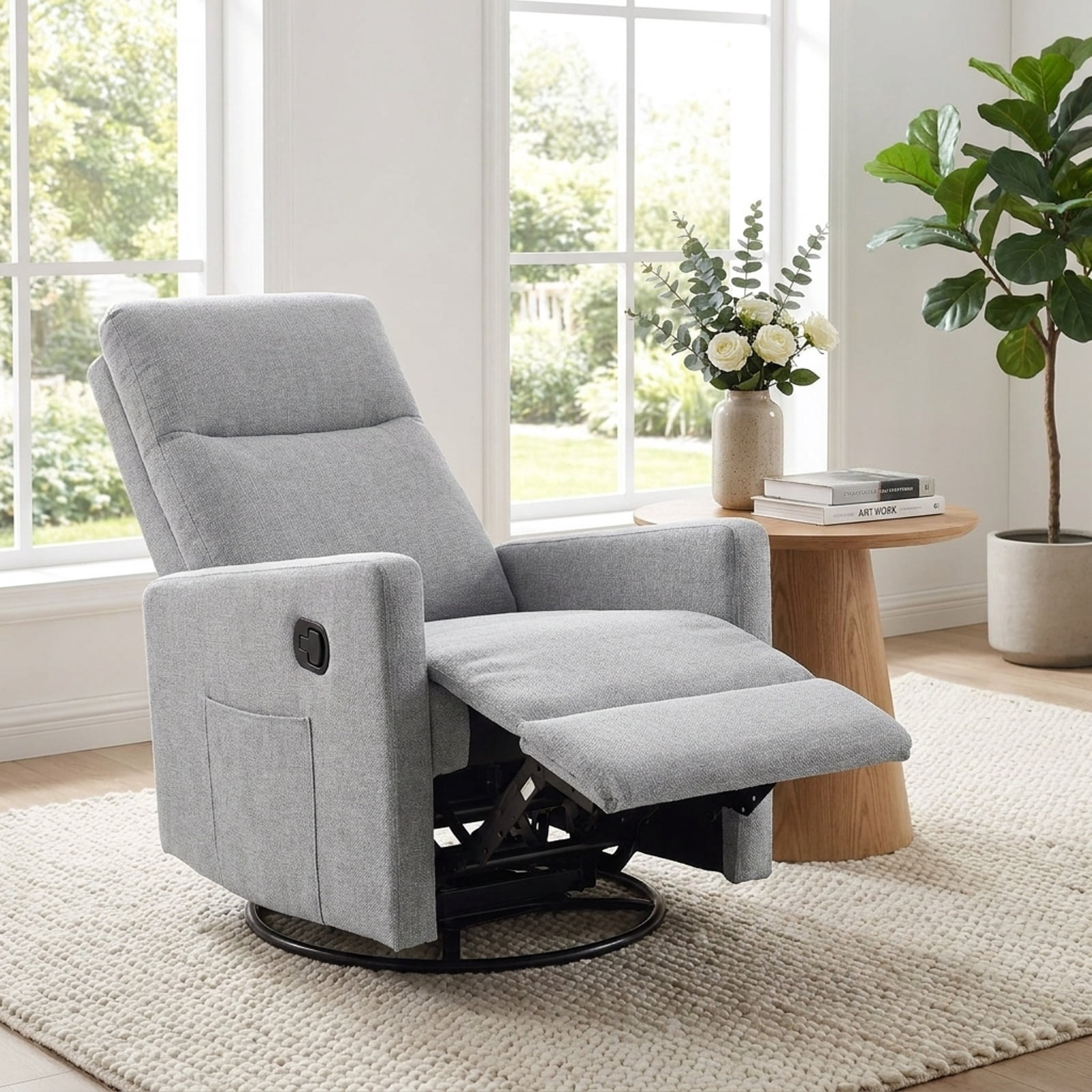 Furnibear Swivel Rocking Chair with 360 Degree Base Reclining Backrest and Extending Footrest for Nursery and Living Room, Gray