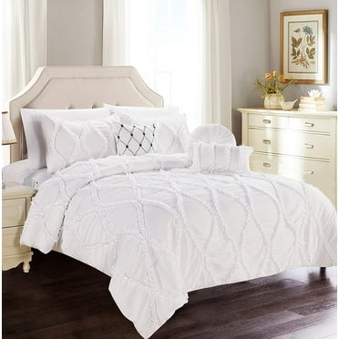 Celine Linen 10-PIECE Bed-in-a-Bag Infinity Design Comforter Set, Includes Bed Sheet Set with Double Sided Storage Pockets and Decorative Pillows, King/Cal King, White
