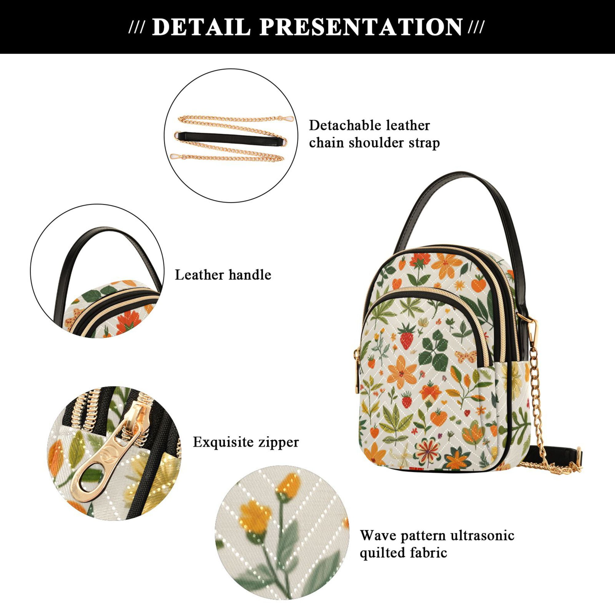 FORMRS Crossbody Bag for Women Quilted Travel Shoulder Cell Phone Purse with Chain Strap Handbag, Leaves Pattern