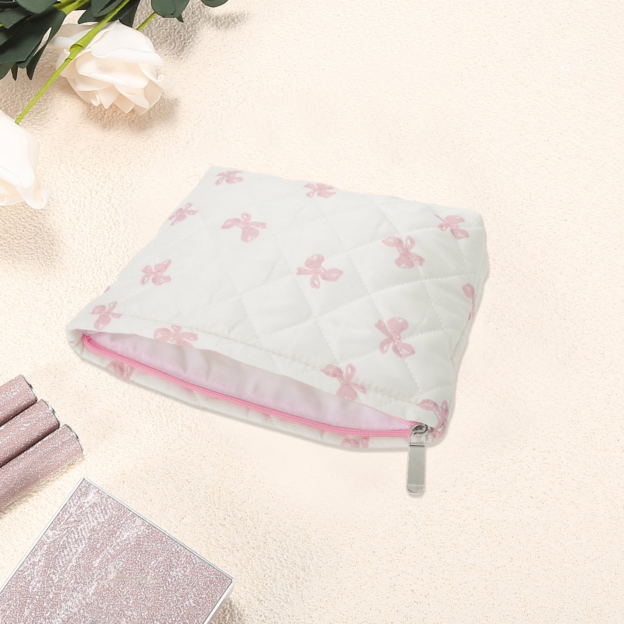 Unique Bargains 1 Pc Fashion Plaid Bow Makeup Bag for Organization Pink