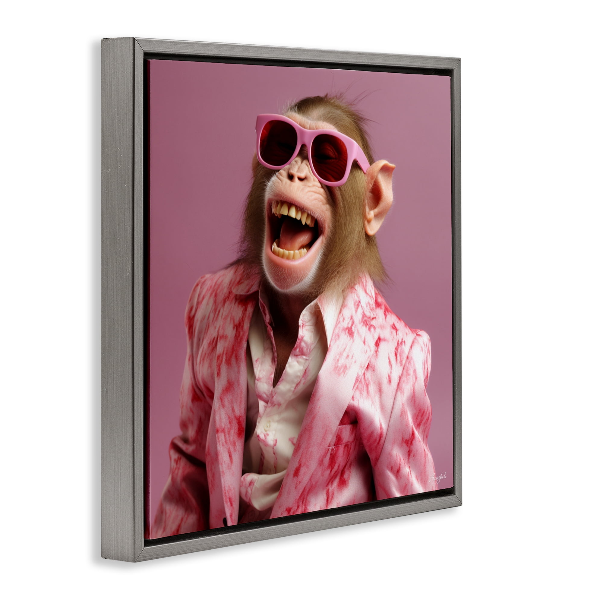 Stupell Industries Hipster Monkey in Suit Gray Framed Floater Canvas Wall Art, design by Roozbeh