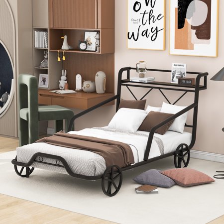 iRerts Metal Twin Platform Bed Frame  Car Shaped Twin Bed Frame with Wheels Shelf and Guardrails  Platform Bed Frame Twin with Slat Support  Twin Size Bed Frame for Kids Toddlers Boys Girls  Black