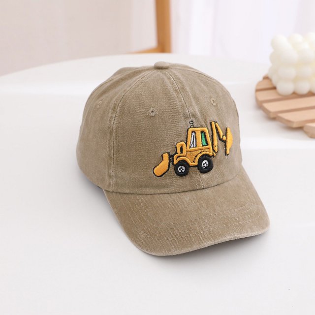 Venta al por mayor de gorras para niños, gorras de béisbol con dibujos animados de excavadora retro para niños y niñas, gorras lavadas de primavera y otoño