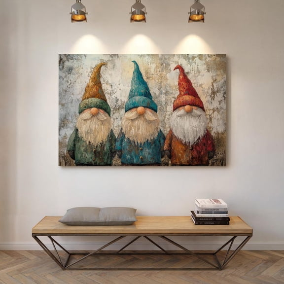Velto Rustic Gnome Canvas Wall Art Whimsical Trio with Hats Cozy Nordic Style Holiday Decoration, SIZE 8x10 INCLUDE Pine Wood Frame 0.75-Inch