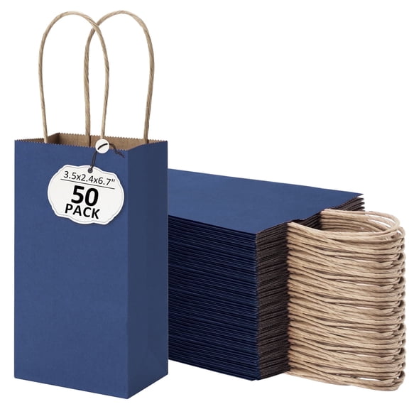 BagDream 50 Pack Mini Navy Blue Gift Bags with Handles Kraft Paper Bag for Party Favors, Wedding, Retails, Birthday, Baby Showers, 3.5x2.4x6.7 inches
