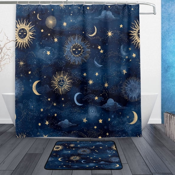Modern Shower Curtain Set ,Waterproof Bathroom Shower Curtain Decorative Set with 12 pcs Hooks,Dotted Plastic Base Non-slip Durable 66 x 72in Sun Moon