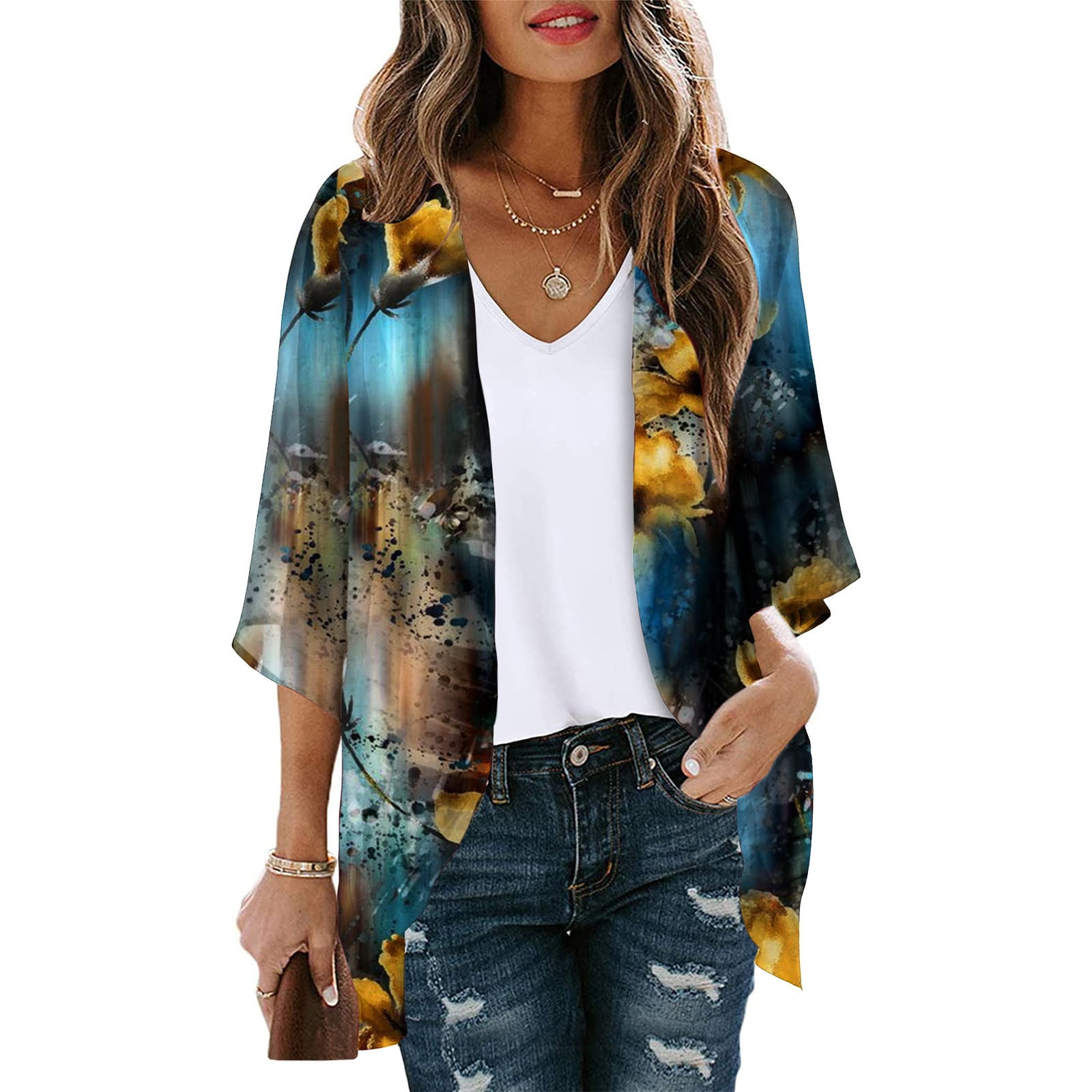 Women's Chiffon Printed Cardigan Kimono - Summer Beach Cover Up | Flowy Bat Sleeve Tops - View #8
