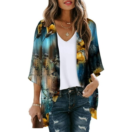 Up to 65% off Pitauce Women s Sheer Chiffon Puff Sleeve Kimono Cardigan Floral Print Casual Loose Open Front Sun Protection Blouses Tops Plus Size Bikini Cover Up on Clearance