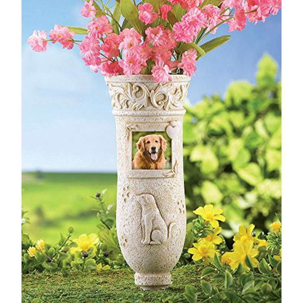 Stone Memorial Vase Garden Stake With Photo Frame Dog