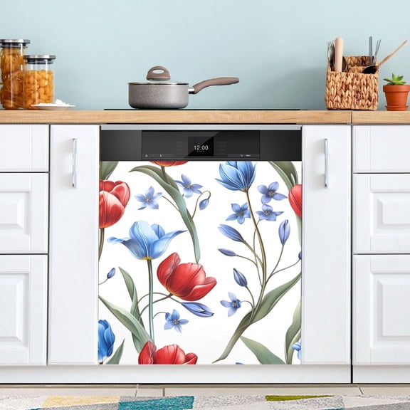 Blue Red Tulips Flowers Dishwasher Magnet Cover Magnetic Fridge Door Cover Home Kitchen Decor 23"x 26"