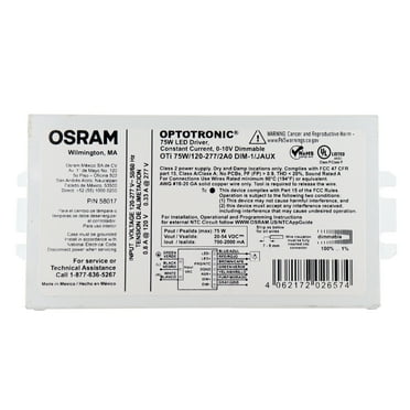 OSRAM OTI75W/120-277/2A0-DIM-1/J-AUX Dimmable LED Driver, 20-54Vdc, 700-2000mA, 75W, 120-277V