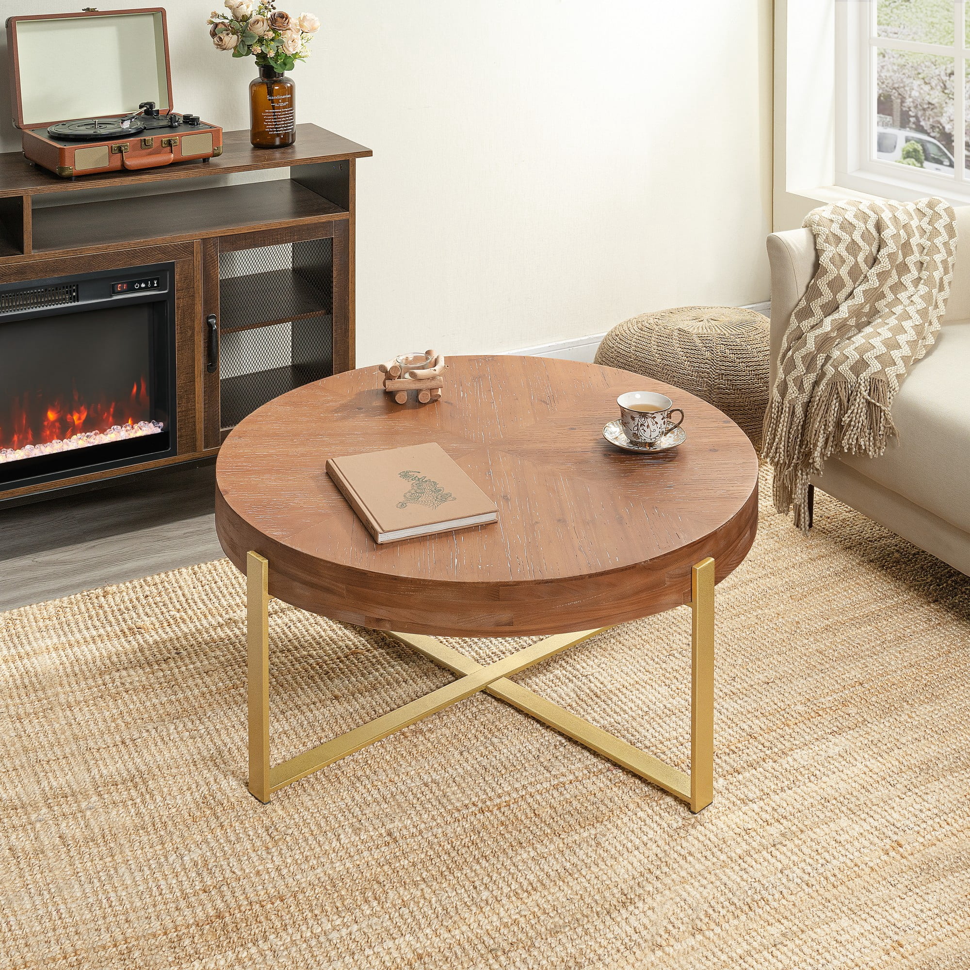 BSHTI 31.29" Metal Wood Round Coffee Table with Retro Splicing Top, Cross Metal Frame, Rustic Style for Living Room(Natural+Gold)