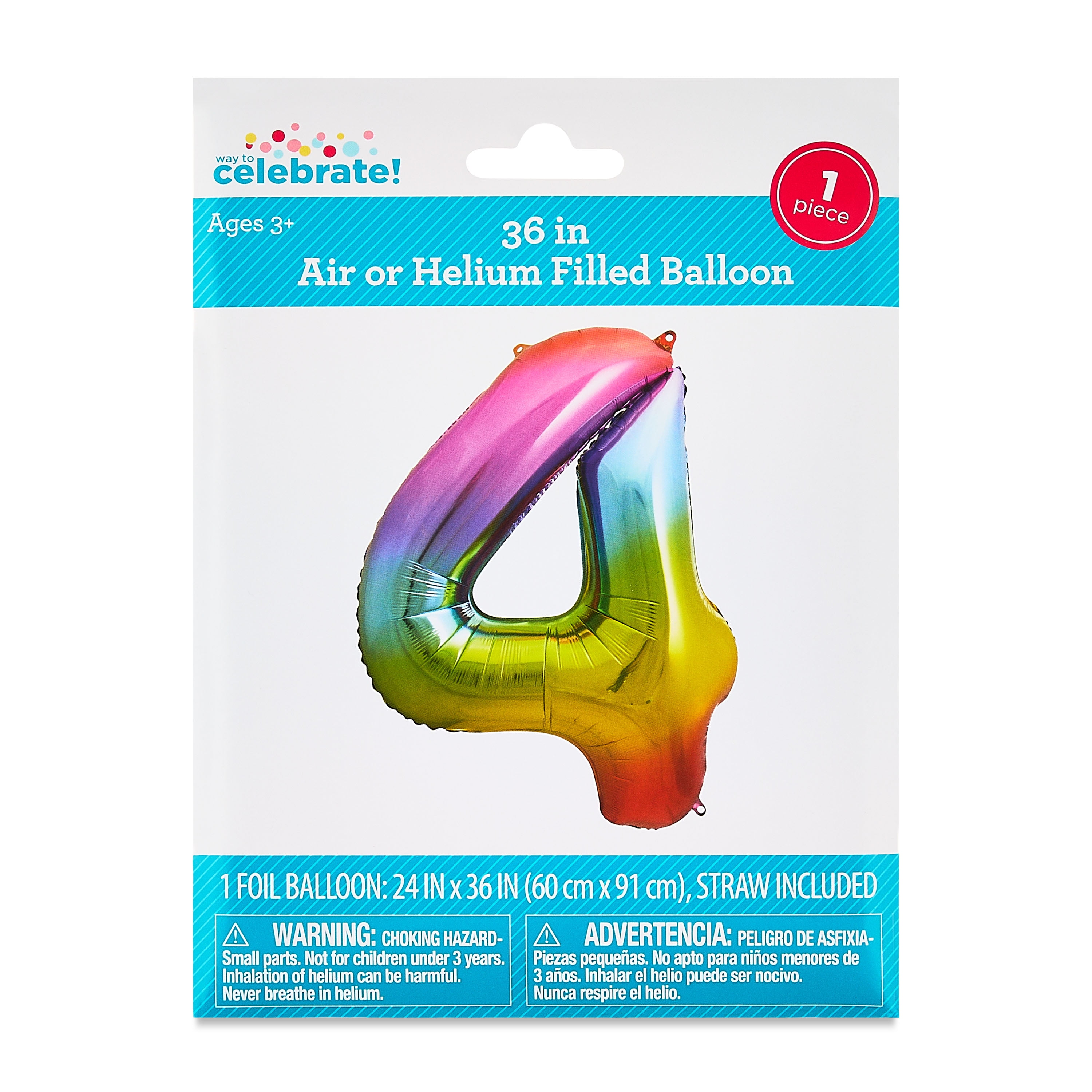 34" Rainbow Ombre Number 4 Foil Balloon, by Way To Celebrate