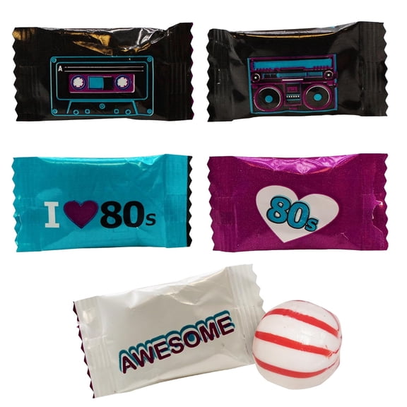Naturejam Retro 80's Themed Peppermint Candy - 100 Count Individually Wrapped Mints with Fun Cassette, Boombox & Neon Designs - Perfect for Party Favors for Reunions & Birthday Party Favors