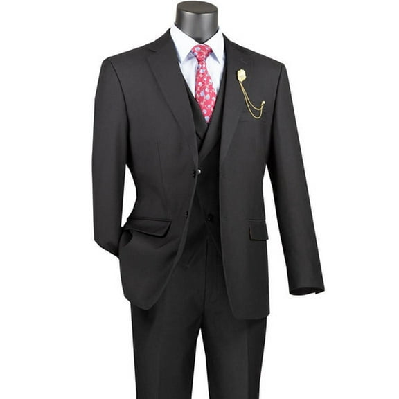 Mens Black Modern Fit 3 Piece Formal Suit Lapel Vest Vinci MV2TR