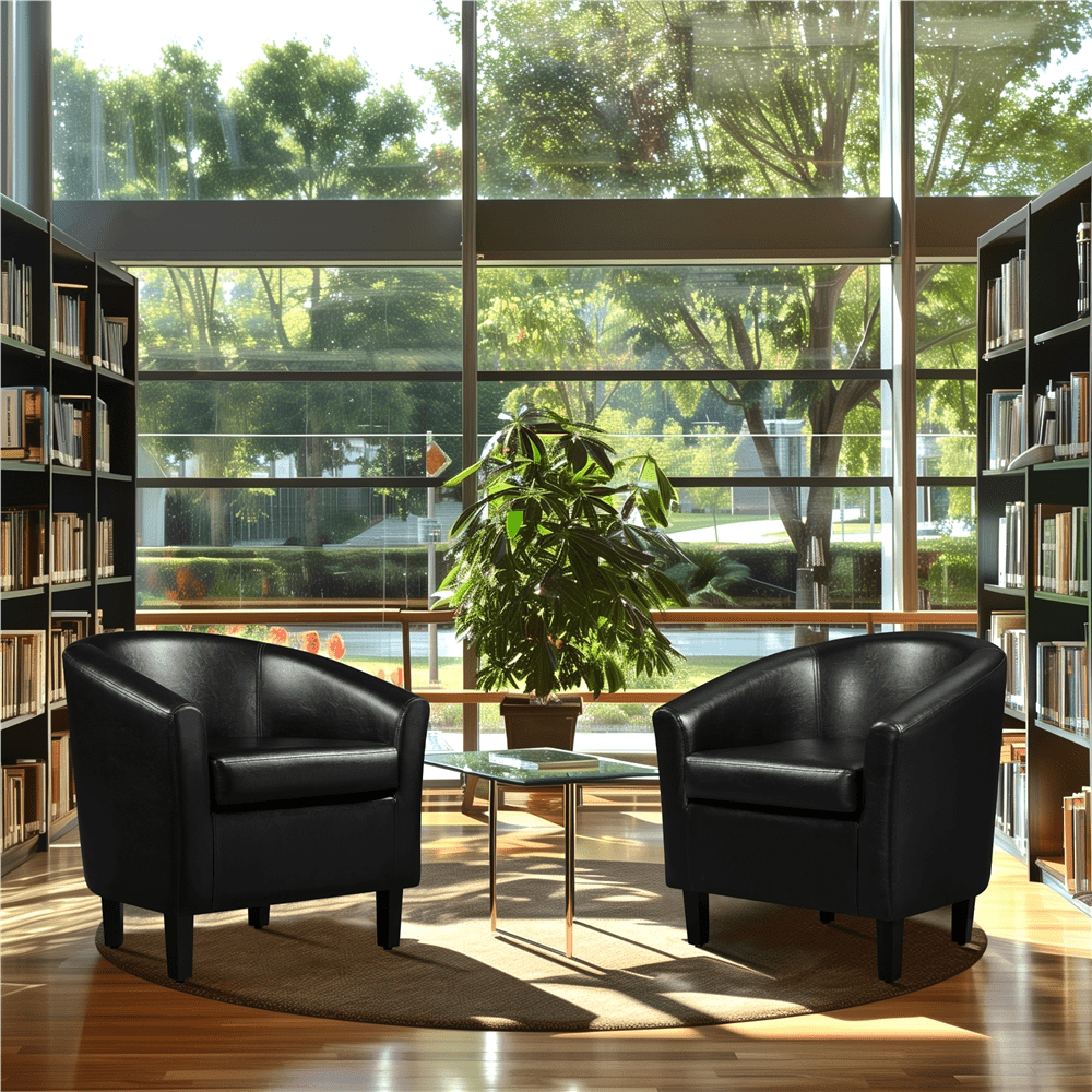Renwick Faux Leather Barrel Accent Chair for Living Room, Set of 2, Black