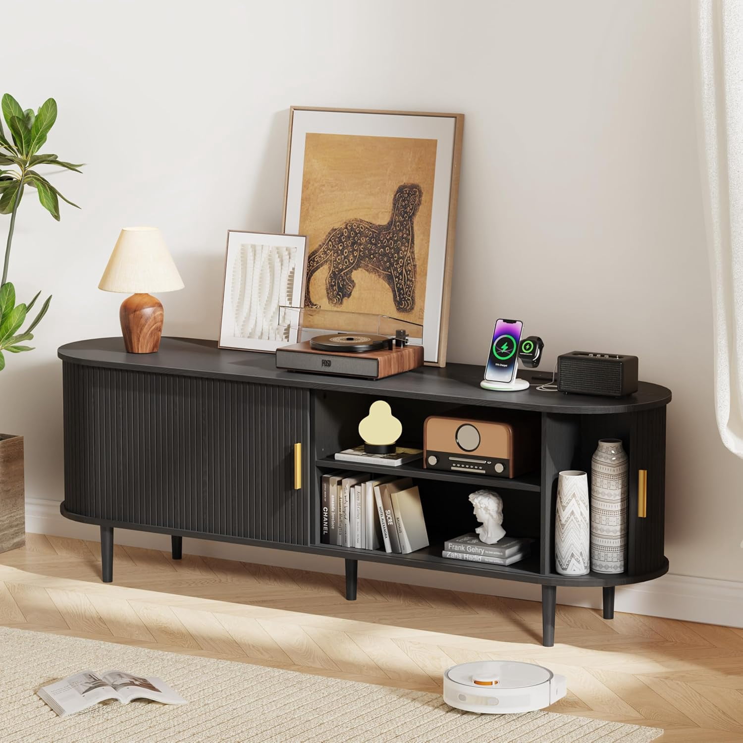 63 Inch Mid-Century Modern TV Stand with Power Outlet for TVs up to 70 Inches, Entertainment Center with Sliding Doors, Adjustable Shelves and Storage, Media Console for Living Room, Black