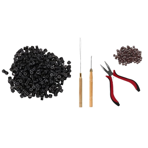 500 Pcs Black 5mm Silicone Lined -Ring Links Beads & 1 Set of Hair Extension Tool Kit Clamp Hook Pull Pin