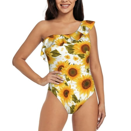 Lukts Modern Elegant Sunflower Women One Piece Swimsuits Tummy Control One Shoulder Bathing Suits Ruffle Swimwear-XX-Large