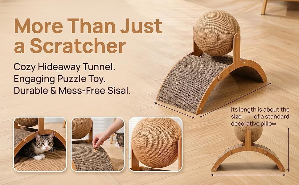 Cat Scratching Ball On Stand, Interactive Cat Scratcher with 360° Rotating Sisal Ball, Cat Scratching Post with Arch Bridge Balls, Cat Scratcher Board for Indoor, Protects Furniture & Rugs