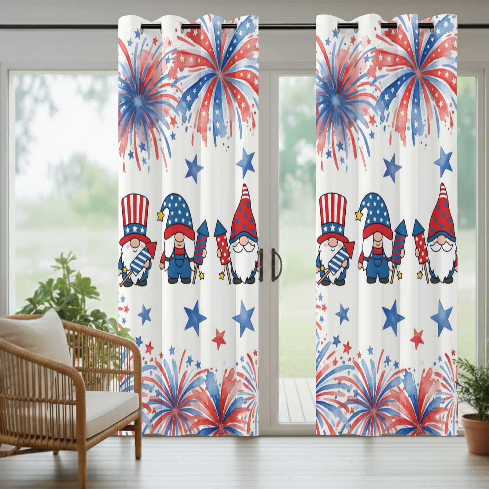 Independence Day Outdoor Curtains for Patio, American Flag Gnome Red Blue Fireworks Country Sunshade Privacy Drapes Grommet Waterproof Outside Curtains for Porch/Cabana/Balcony 54"x 108", 1 Panel