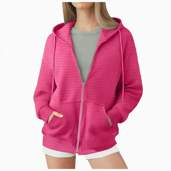 ORT Women's Casual Full-Zip Hoodie Lightweight Long Sleeve Sweatshirt Casual Jacket with Pocket(Hot Pink,S)