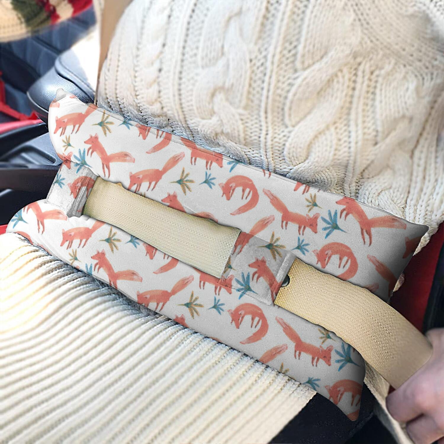Fluffy Fox Print Post Surgery Seatbelt Pillow - 2-Inch Thick Mastectomy Cushion for Car with Double Straps, Skin-Friendly for Heart & Breast Recovery (Cute Wild Tree Pattern)