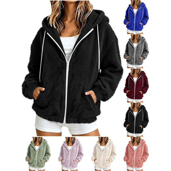 Liuinsasek Women's Hooded Fuzzy Outerwear Fashion Solid-Color Drawstring Long Sleeve Zip-Up Fleece Jacket with Pockets Casual Warm Winter Outerwear