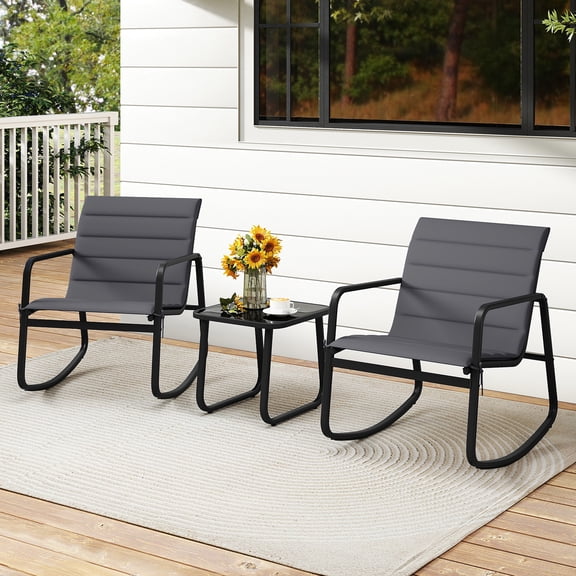 Gymax 3PCS Outdoor Rocking Bistro Set w/Tempered Glass Table Soft Cushions for Garden