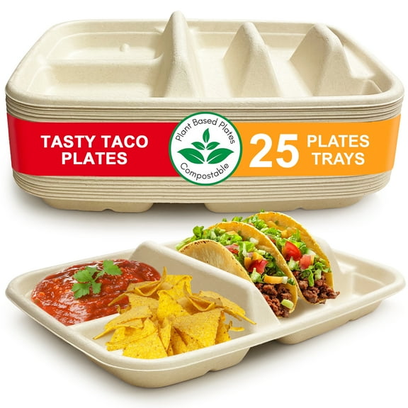 Disposable Taco Plates for 2 Tacos & 2 Sides – 25 PACK | Premium Paper Plates with Dividers, Fiesta Taco Holder, Taco Stand for Taco Tuesday & Taco Bar Serving Set Taco Plates (25 Plates)