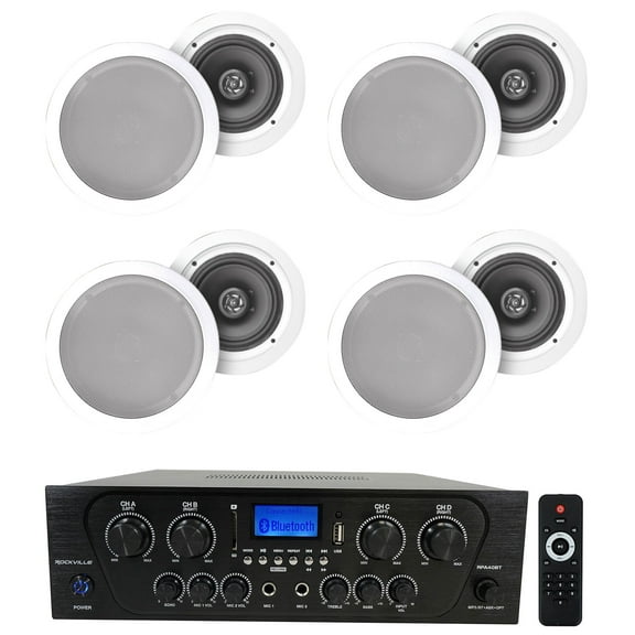 Rockville RPA40BT 4-Room Home Audio Kit Receiver (8) 6.5" White Ceiling Speakers