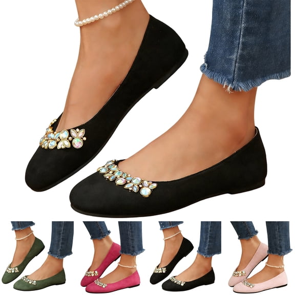 IEMIEMIEM Women's Ballet Flats with Pearl Clip - Faux Suede Pointed Toe Slip On, Comfortable Soft Shoes for Wedding Guest, Office & Dressy Events Black 9 Wide