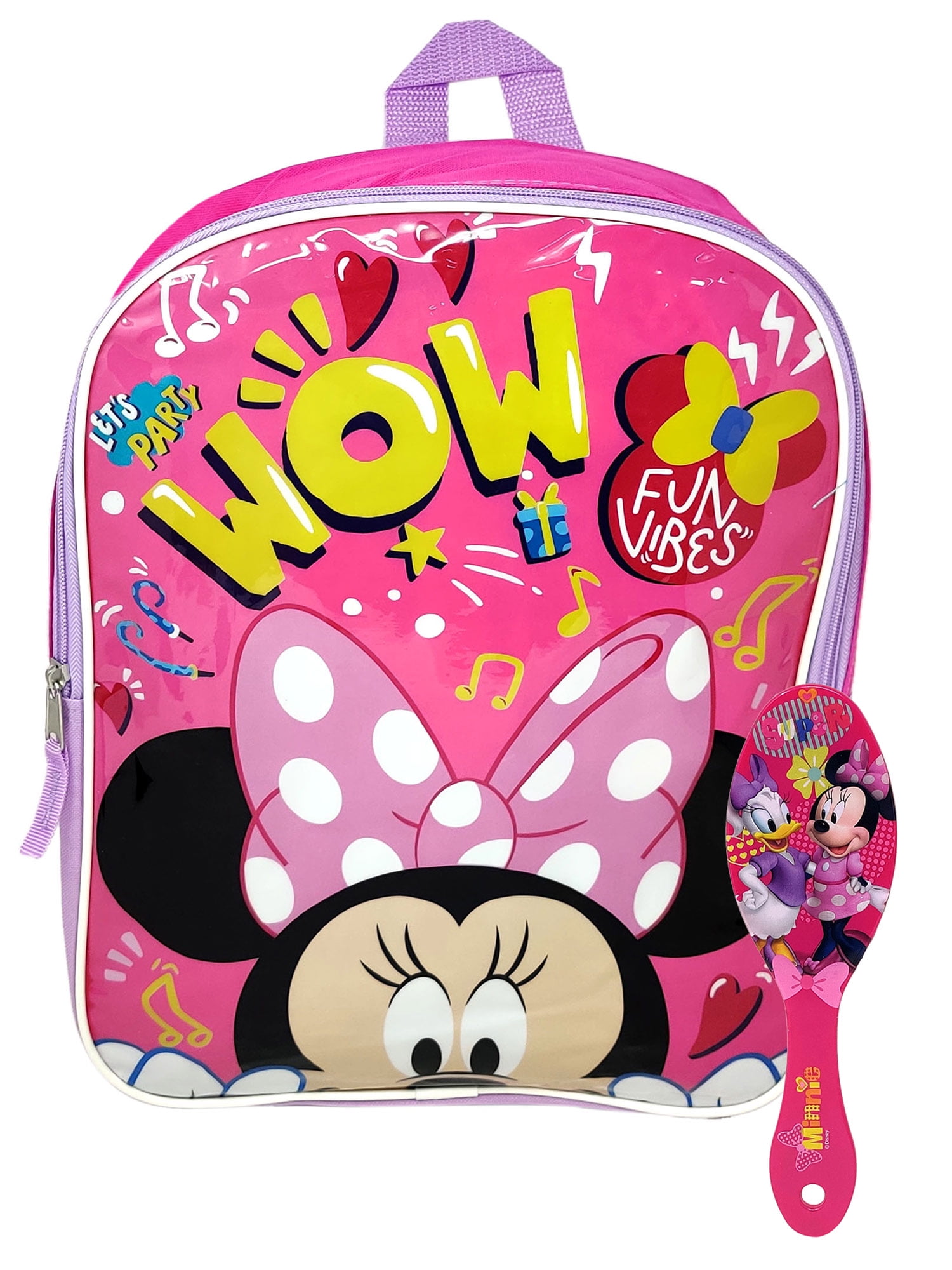 Disney Minnie Mouse Backpack 15' Wow Fun Vibes & Mini Super Hair Brush Pink Set