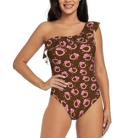 Lukts Cool Cowgirl Women One Piece Swimsuits Tummy Control One Shoulder Bathing Suits Ruffle Swimwear-X-Large